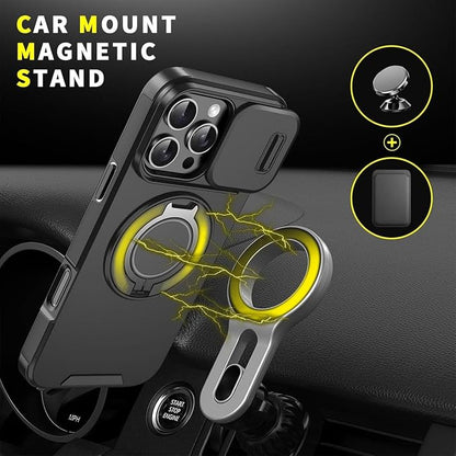 2026 New Case with Slide Camera Cover & 360° Rotatable Ring Kickstand, Free Tempered Glass Screen Protector for iPhone 11-17 Series (Orange,14 Pro Max)