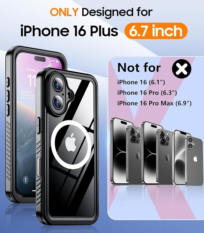 Temdan Magnetic for iPhone 16 Plus Case Waterproof,Built-in Screen Protector[IP68 Underwater][Upgrade Military Dropproof][Compatible with MagSafe] Full Body Shockproof Case 6.7''-Black