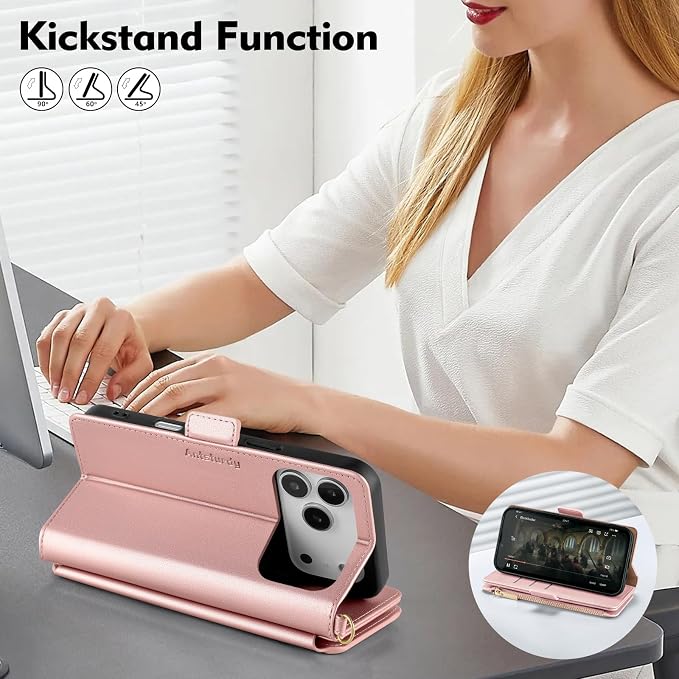 Antsturdy Compatible with iPhone 17 Pro Wallet Case Women,RFID Blocking PU Leather Phone Case Men Kickstand Flip Cover Wrist Strap Zipper Credit Card Holder Slots for Apple 17 Pro 6.3",Rose Gold