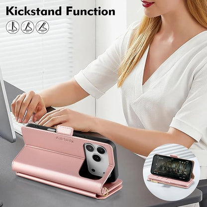 Antsturdy Compatible with iPhone 17 Pro Wallet Case Women,RFID Blocking PU Leather Phone Case Men Kickstand Flip Cover Wrist Strap Zipper Credit Card Holder Slots for Apple 17 Pro 6.3",Rose Gold