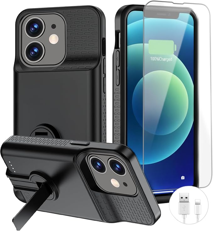 BOPPS Battery Case for iPhone 12 Pro/12 with Stand【Support Carplay】 Real Powerful 7000mAh Portable Charger Case 360°Protection Rechargeable Extended Charging case for iPhone 12，12 pro -Black