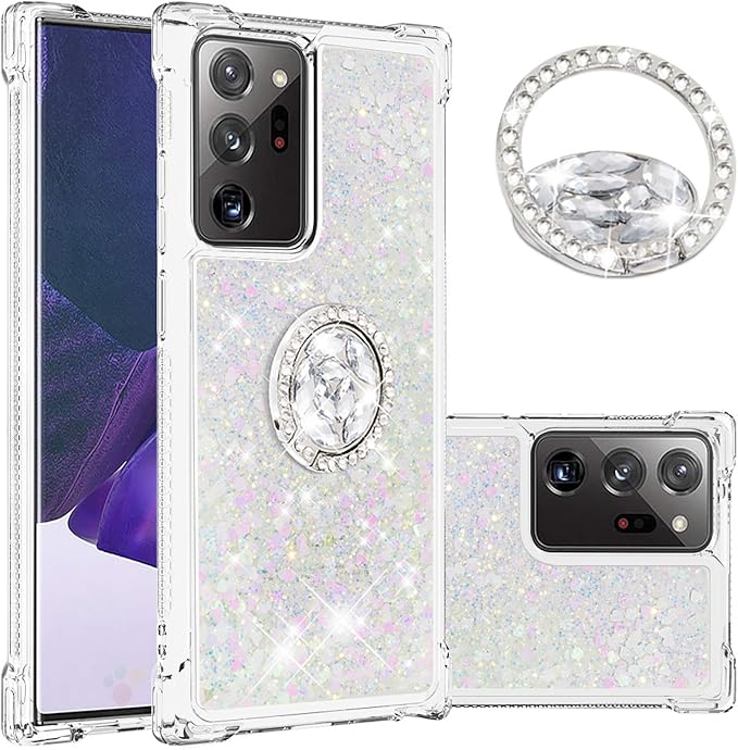 Glitter Phone Case for Galaxy Note 20 Ultra, Bling Liquid Case Bumper Protective Cover with Ring Holder Silicone Shockproof Case Transparent Back Case Compatible with Samsung Galaxy Note 20 Ultra