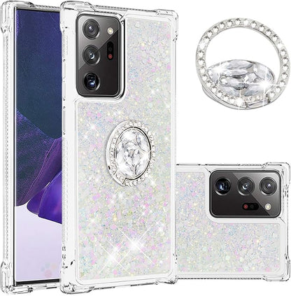 Glitter Phone Case for Galaxy Note 20 Ultra, Bling Liquid Case Bumper Protective Cover with Ring Holder Silicone Shockproof Case Transparent Back Case Compatible with Samsung Galaxy Note 20 Ultra