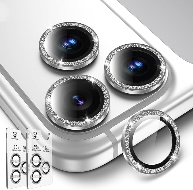 PandaShield 2-Pack Anti-Reflection Camera Lens Protector for iPhone 17/16/15 Pro & Pro Max, Easy Installation,9H Hardness, 98% Ultra Clarity, Maintains Original Lens Design - Glitter Silver