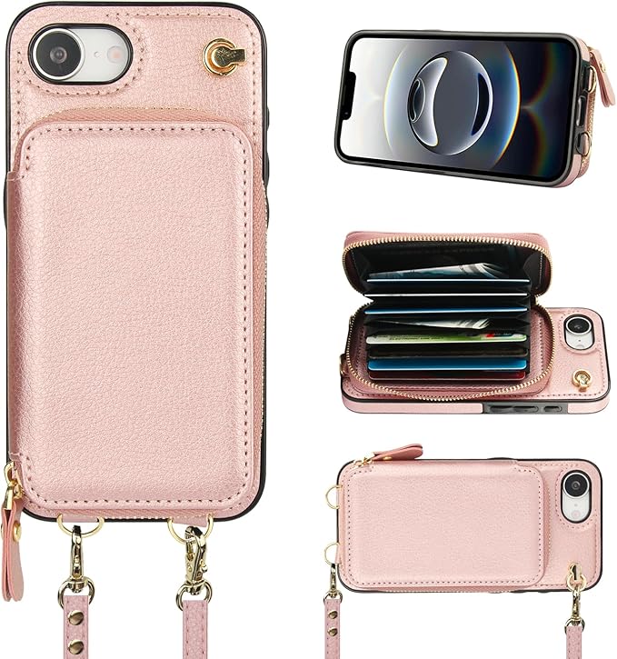 Bocasal Crossbody Wallet Case for iPhone 17e/16e, RFID Blocking Leather Purse Case with Card Holder, Protective Handbag Flip Cover with Zipper Wrist Strap Lanyard for Women 5G 6.1 Inch (Rose Gold)