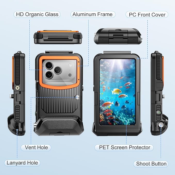 Beasyjoy Waterproof Phone Case for Snorkeling, [50ft/15m] Underwater Diving Case for iPhone 17/16/15/14/13/12/11 Pro Max Plus, Professional Scuba Photo Video Cover for Beach Vacation Water Sport Black