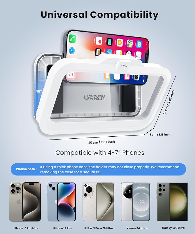 URROY Shower Phone Holder Waterproof One-Touch Open Shower Phone Case Anti-Fog & Sensitive Touchscreen Bathroom Wall Phone Mount Stand Universal Fit for iPhone & Smartphones Gift for Men Women White