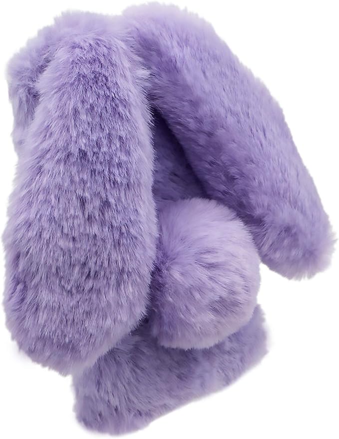 Rabbit Ear Case for iPhone 14 6.1, Crossbody Strap Case Fuzzy Fluffy Cute Women Girls Kids Plush Ball Bunny Fur Phone Case Shockproof Silicone Bumper Protective Cover,Purple
