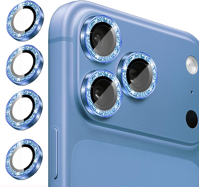 Compatible for iPhone 17/17 Pro/iPhone 17 Pro Max Camera Lens Protector Bling, Cute Sparkle Glitter Camera Cover for Women, Individual Ring, Anti-Scratch (3 Protectors + 1 Extra), Light Blue