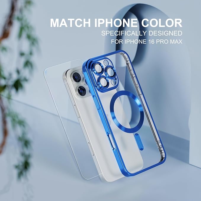 Misea Magnetic for iPhone 16 Pro Max Case Compatible with MagSafe [Never Yellowing] [Military Grade Drop Protection] Full Camera Lens Protector Plating Soft Clear Phone Case for Women 6.9", Deep Blue