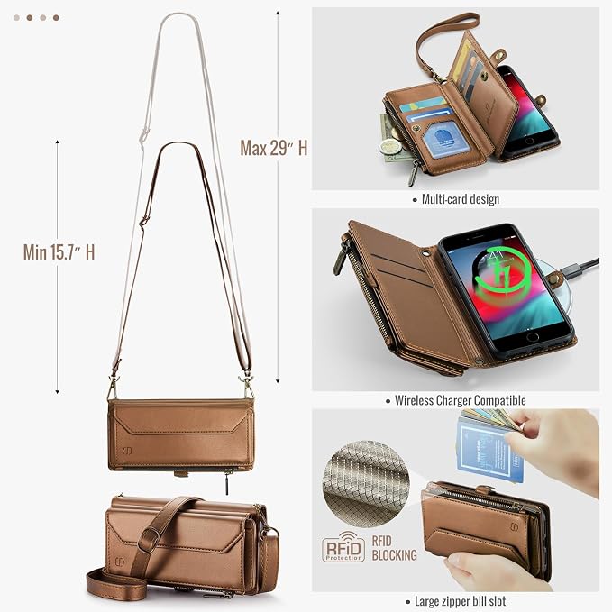 Strapurs Crossbody Wallet Case Compatible with iPhone SE/7/8 RFID Blocking 7-Card Holder Soft PU Leather Magnetic Snap Shoulder Strap Zipper Pocket Phone Cases Fit for iPhone SE 2020 2022 - Brown
