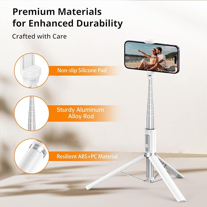 ATUMTEK 55" Selfie Stick Tripod, All-in-one Extendable Aluminum Travel Tripod with Rechargeable Bluetooth Remote, Phone Selfie Stick 360° Rotatable for iPhone 17 Pro Max 16/15/14/13 Smartphones, White