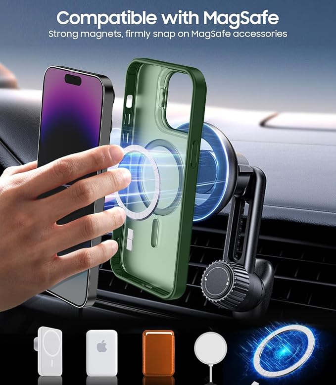for iPhone 14 Pro Max Case, Compatible with MagSafe, Built-in Camera Ring Stand, with Individual Camera Cover, Translucent Matte Military-Grade Drop Protection Magnetic Case, Green