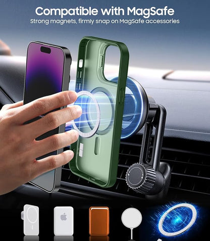 for iPhone 14 Pro Max Case, Compatible with MagSafe, Built-in Camera Ring Stand, with Individual Camera Cover, Translucent Matte Military-Grade Drop Protection Magnetic Case, Green