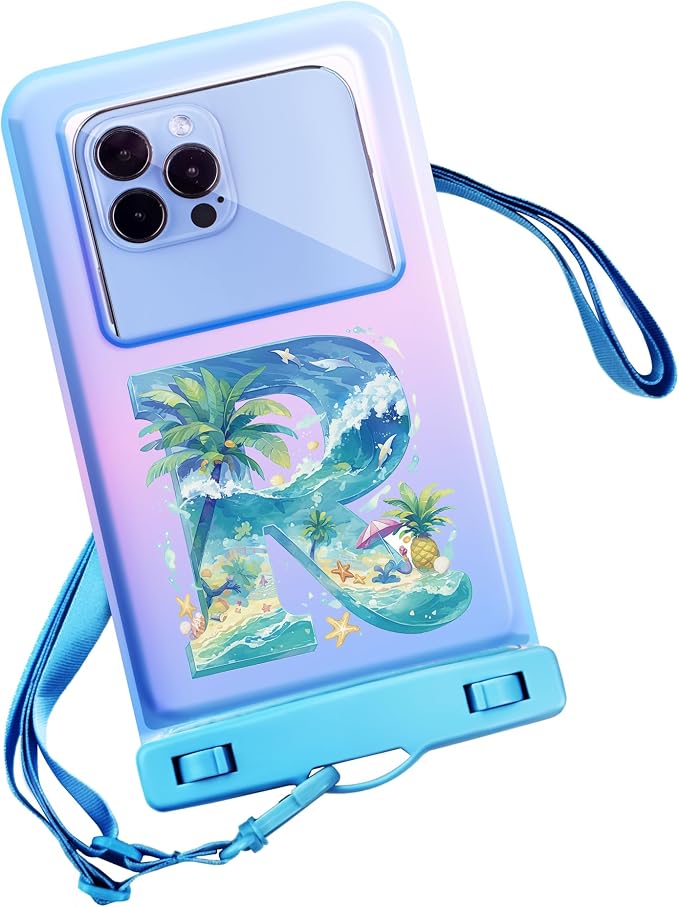Personalized Initial Waterproof Phone Pouch Case - IPX8 Cellphone Dry Bag with Lanyard for iPhone 16/15/14/13/12 Pro Max (6.1–6.9"), Beach & Cruise Ship Essentials with Monogrammed Design (Blue, R)