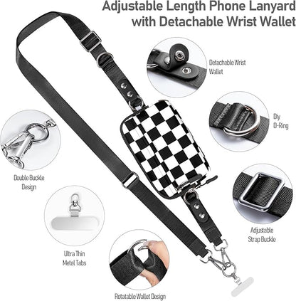 Clip and Go Strap for Phone with Wallet Crossbody Phone Lanyard and Detachable Checkered Bag with ID Window and RFID Pouch for Daily Travel.