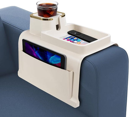 Couch Cup Holder with Tray & Dual-Sided Storage Pocket, Large Silicone Sofa Armrest Tray, Non-Slip & Spill-Resistant Couch Drink Holder Caddy, Multifunctional Couch Arm Organizer