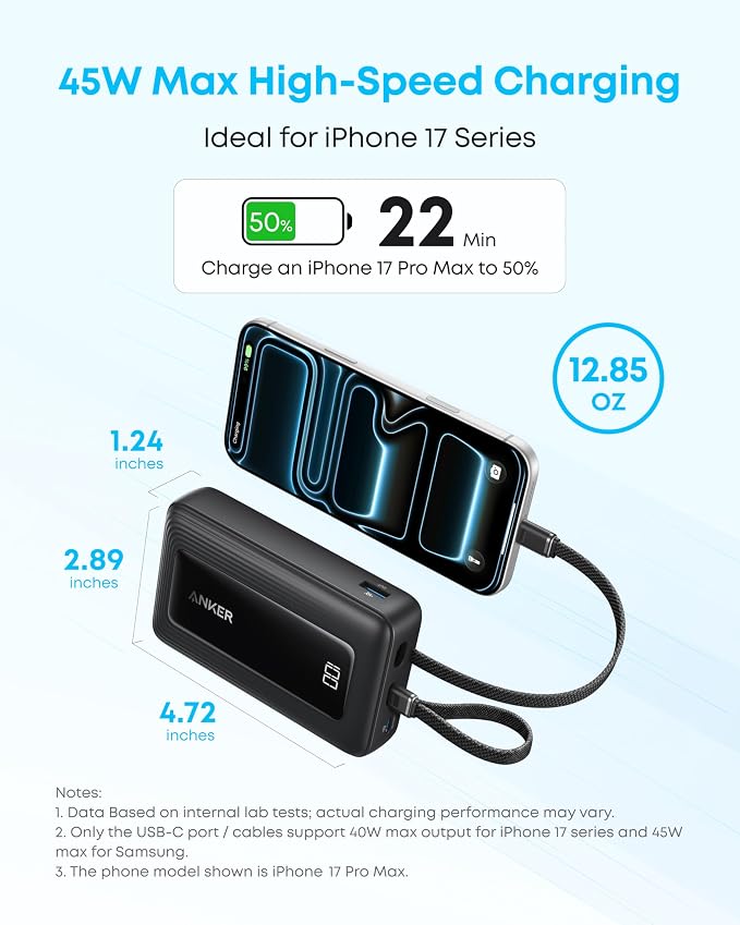 Anker Zolo Power Bank (2025 Upgraded Version), 45W Max Fast Charging, 20,000mAh Battery Pack, Dual Built-in USB-C Cables, USB-C&A Port, for iPhone 17/16 Series, Galaxy, MacBook, and More