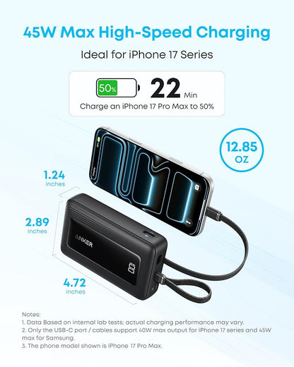 Anker Zolo Power Bank (2025 Upgraded Version), 45W Max Fast Charging, 20,000mAh Battery Pack, Dual Built-in USB-C Cables, USB-C&A Port, for iPhone 17/16 Series, Galaxy, MacBook, and More