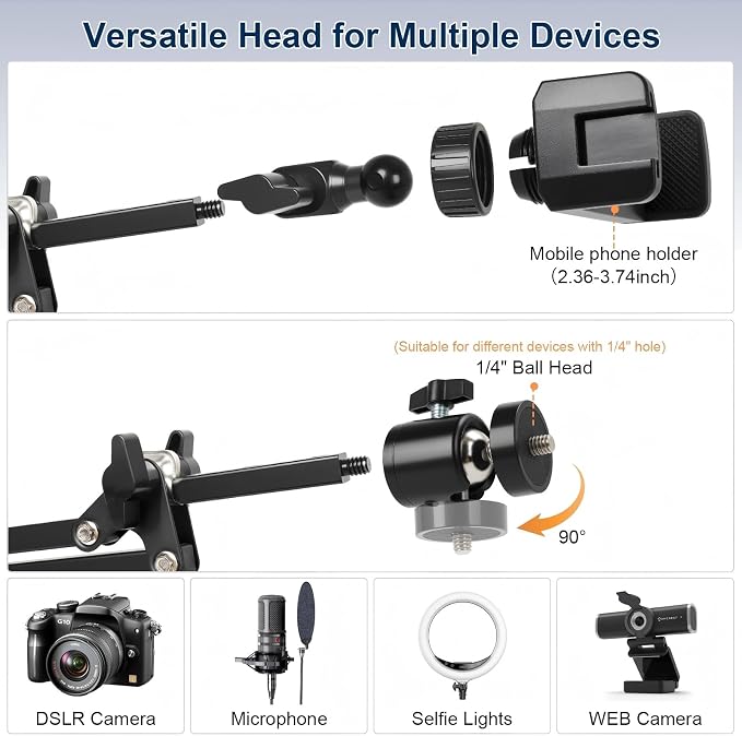 Overhead Camera Mount,Camera Desk Mount with 360° Adjustable Arm and Phone Holder,Max Load-Bearing 5lb,Desk Clamp Stand for Content Creation and Live Streaming,DSLR,Webcam,Mic,Ring Light