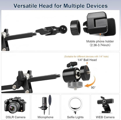 Overhead Camera Mount,Camera Desk Mount with 360° Adjustable Arm and Phone Holder,Max Load-Bearing 5lb,Desk Clamp Stand for Content Creation and Live Streaming,DSLR,Webcam,Mic,Ring Light