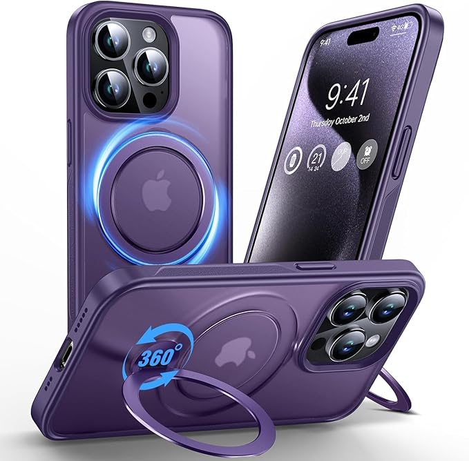 Anqrp 360° All-in-ONE Stand Case for iPhone 15 Pro with Rotatable Magnetic Kickstand Ring Holder, Compatible with MagSafe, MIL-Grade Shockproof iPhone 15 Pro Phone Case Cover 6.1" Purple
