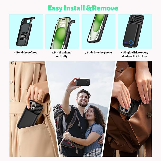 Battery Case for iPhone 15 Plus(6.7 inch) 13800mAh High Capacity Charging Case [2026 Upgraded] Portable Rechargeable Extended Charger Case with Tempered Glass Screen Protector Black