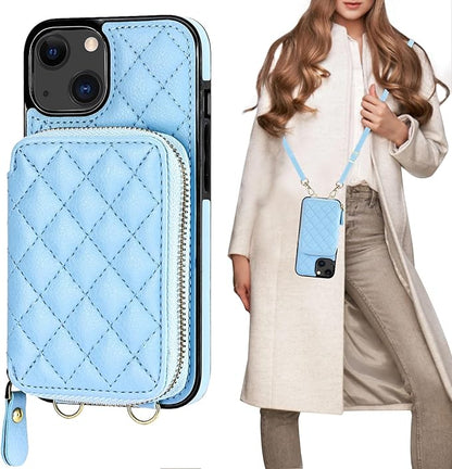 Bocasal Crossbody Wallet Case for iPhone 13, RFID Blocking PU Leather Zipper Handbag Purse Flip Cover, Kickstand Folio Case with Card Slots Holder Wrist Strap Lanyard 5G 6.1 Inch (Blue)