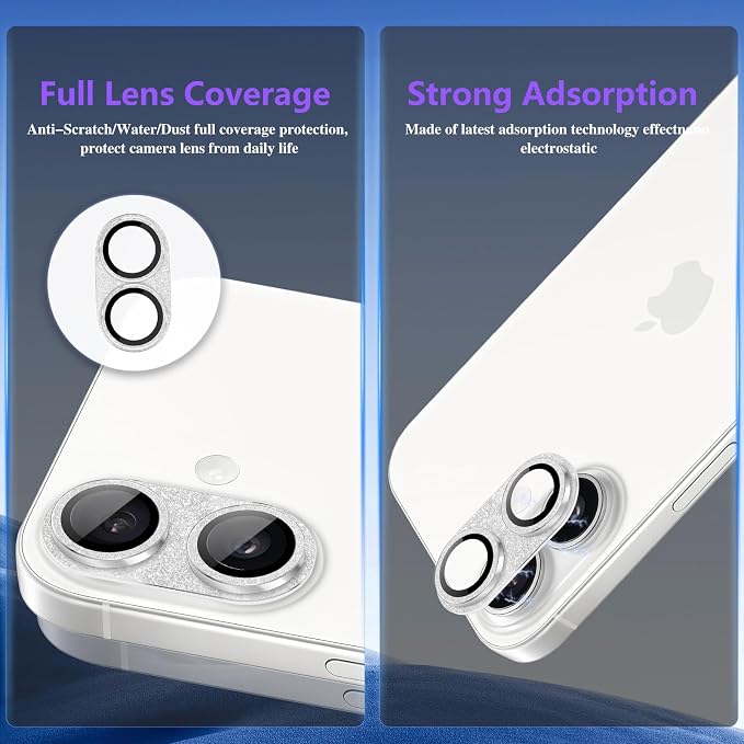 Camera Lens Protector for iPhone 17, Bling Glitter Camera Cover with 9H Tempered Glass Metal Ring, Anti-Scratch Lens Protector for iPhone 17 (Glitter - Silver)