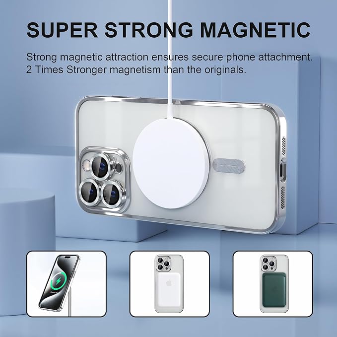 Misea Magnetic for iPhone 15 Pro Max Case with MagSafe [Never Yellowing] [Military Grade Drop Protection] Full Camera Lens Protector Plating Soft Clear Phone Case for Women Girls, Silver