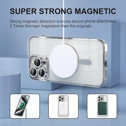 Misea Magnetic for iPhone 15 Pro Max Case with MagSafe [Never Yellowing] [Military Grade Drop Protection] Full Camera Lens Protector Plating Soft Clear Phone Case for Women Girls, Silver