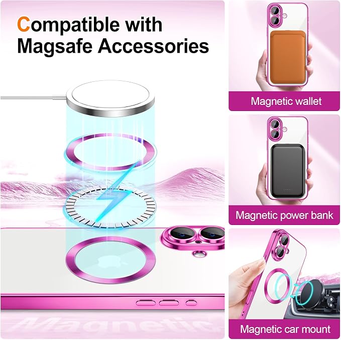 Hython for iPhone 17 Case Glitter Clear Magnetic Phone Cases [Compatible with MagSafe] Full Camera Lens Protector Sparkle Luxury Plating Slim Shockproof Protective Cover, Gradient Hot Pink