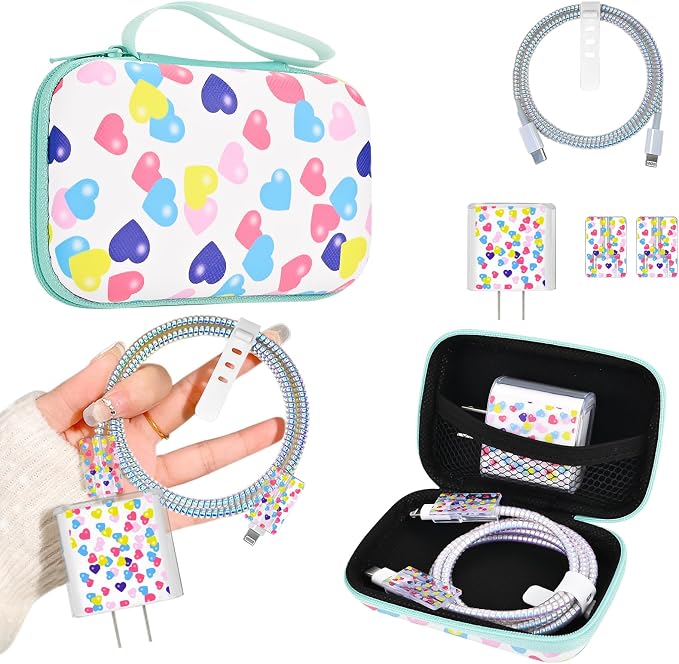 Phone Charger Case Storage Set with Cute Heart Cable Protector with Carrying Cable Case Bag,Cord Organizer, USB Earphone Wire Saver Organizer Charger Protector for iPhone (Colourful Heart)
