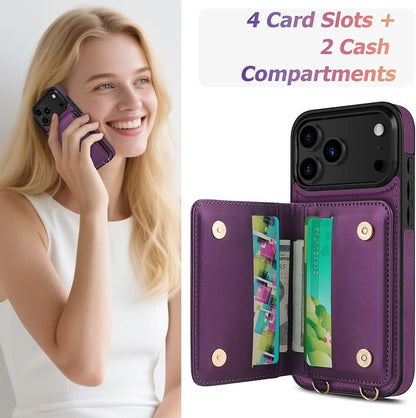 LOHASIC for iPhone 17 Pro Max Case Wallet with Detachable Crossbody Strap & Wrist Lanyard, RFID Blocking, 4 Card Slots 2 Cash Pockets, Vegan Leather Case with Card Holder for Women Girls, Purple
