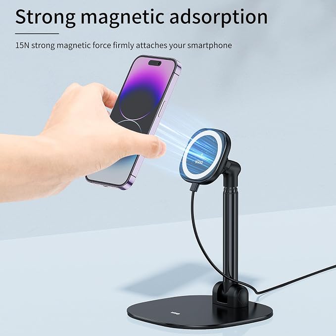 VRIG Magnetic Desk Phone Stand for Office/Home, 360°Rotation Wireless Charger Phone Holder with Magnetic Ring Height&Tilt, Adjustable Cell Phone Stand for iPhone 16 15 14 13 12 and More/Android