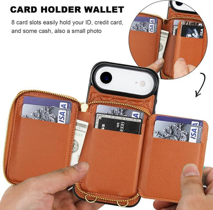 Bocasal Crossbody Wallet Case for iPhone 17 Air, RFID Blocking PU Leather Zipper Handbag Purse Flip Cover, Kickstand Folio Case with Card Slots Holder Wrist Strap Lanyard 5G 6.5 Inch (Brown)