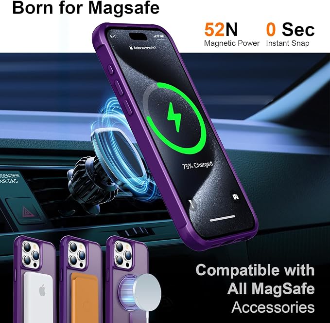 360° Magnetic Swivel Ring for iPhone 15 pro max case, Built-in Metal Stand and Ring Holder, Magsafe Compatible, Military Grade Protection, Shockproof - Purple