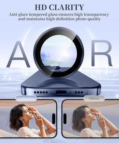 GolbinBox Camera Lens Protector for iPhone 15 Pro/15 Pro Max, 1:1 Invisible Fit, 9H Tempered Glass Ultra HD Metal Individual Camera Cover, Case Friendly, Deep Blue