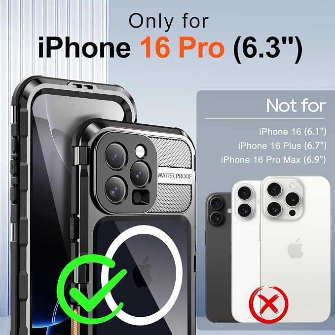 WIFORT for iPhone 16 Pro Waterproof Case - Metal Heavy Duty [Built-in Screen Protector] [14FT Military Shockproof] [Fit for MagSafe], IP68 Full Body Rugged Water Proof Magnetic Cover, 6.3" Black