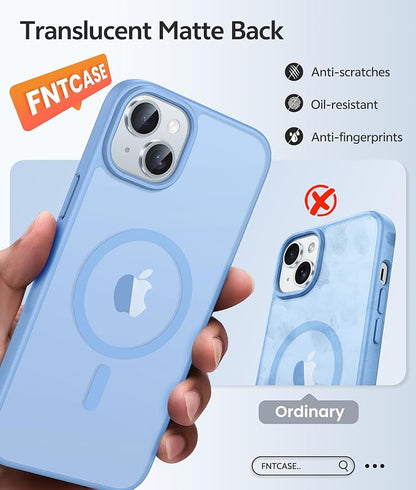 FNTCASE for iPhone 15 Case: for iPhone 14 & iPhone 13 Case [with Screen Protector] Magnetic Translucent Matte | Military Grade Drop Protection | Shockproof Phone Cover Protective Cases - Light Blue