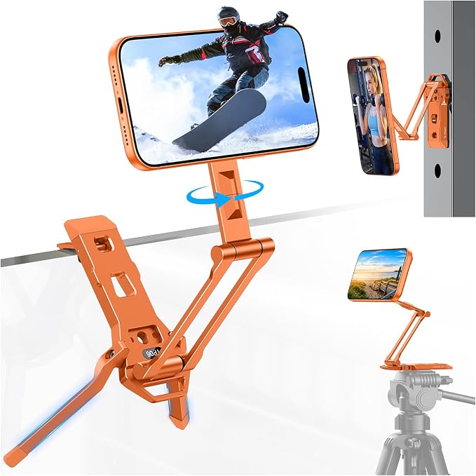 OMOTON TP06 for MagSafe Tripod Hook, 360°Rotate Magnetic Phone Tripod for iPhone 17/16/15 Pro Max Air, Fold Phone Stand Selfie Stick with 1/4" Screw, Acra Fits Vlog, Gym, Travel Essentials, Orange