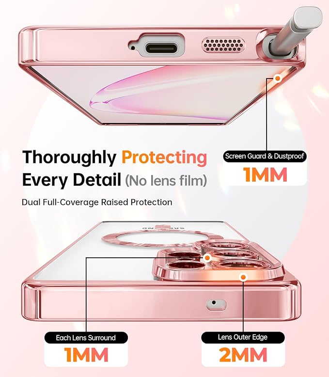 Meifigno Magnetic Case with Removable Phone Ring Stand for Samsung Galaxy S25 Ultra, [Glitter Card & Wrist Strap] [MagSafe Compatible] [Built in Mirror] Phone Ring Stand + Phone Case Kit, Rose Gold