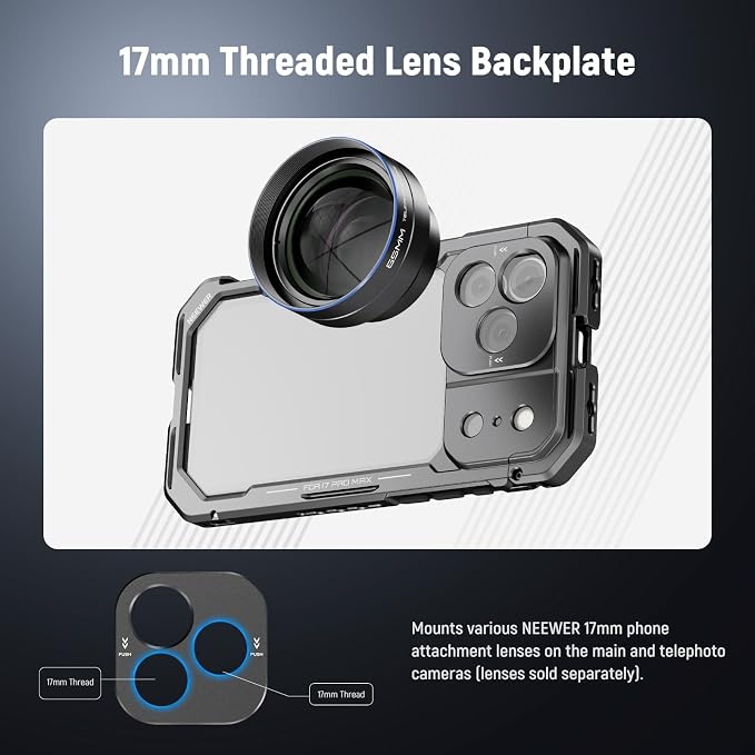 NEEWER Phone Cage Compatible with iPhone 17 Pro Max, Quick Release Video Rig Stabilizer Accessories with 67mm Filter Ring, 17mm Lens Backplate, T Mount Adapter, 4X Camera Control Cap, PA144 (Black)