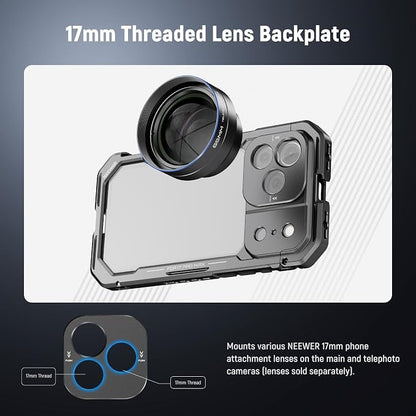 NEEWER Phone Cage Compatible with iPhone 17 Pro Max, Quick Release Video Rig Stabilizer Accessories with 67mm Filter Ring, 17mm Lens Backplate, T Mount Adapter, 4X Camera Control Cap, PA144 (Black)