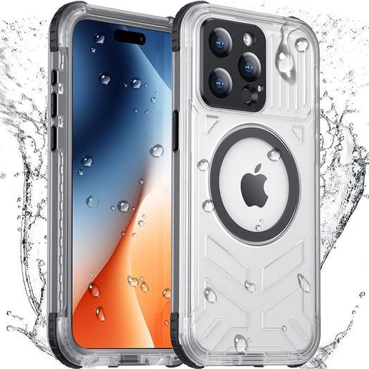 2024 Upgrade for iPhone 15 Pro Max Case Waterproof,[Compatible With MagSafe][Built-in Screen&Camera Protector][Full Body Dropproof][IP68 Underwater][Clear Sound]Shockproof Phone Case 6.7" Black/Clear