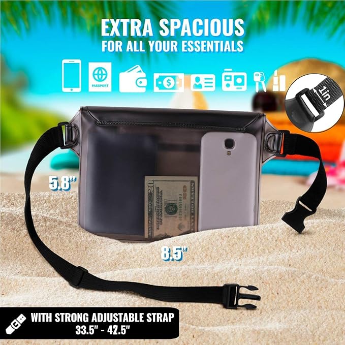 AiRunTech Waterproof Fanny Pack, Beach Cruise Vacation Essentials, Waterproof Pouch Protect Phone Passport Valuables Dry Safety, Paddle Board Kayaking Boating Swimming Accessories-2 Pack（Black + Pink）