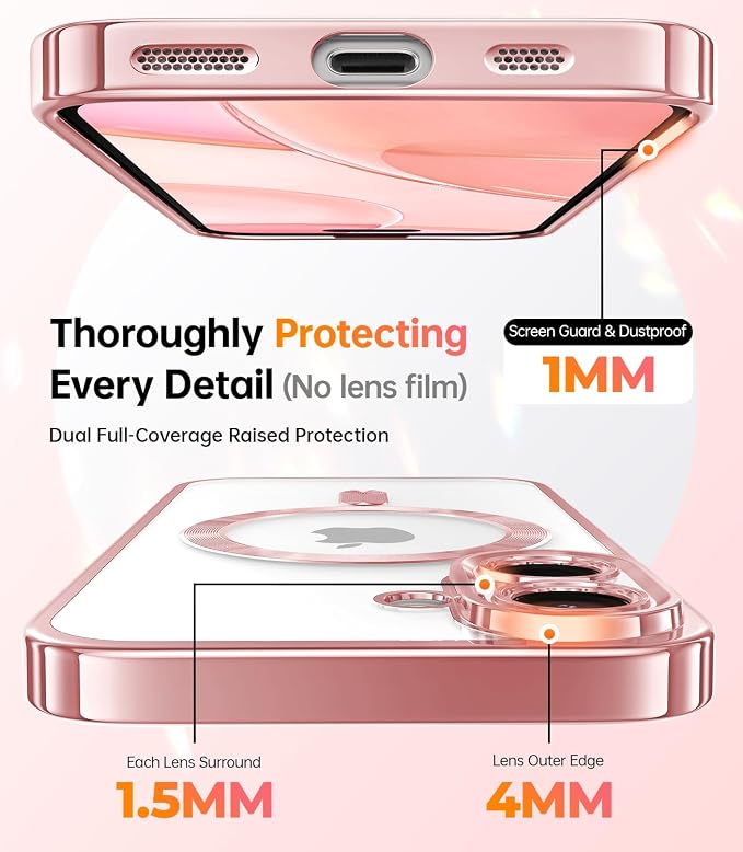 Meifigno Magnetic Case with Removable Phone Ring Stand for iPhone 16 Plus, [Glitter Card & Wrist Strap] [MagSafe Compatible] [Built in Mirror] Magnetic Phone Ring Holder + 16 Plus Case Kit, Rose Gold