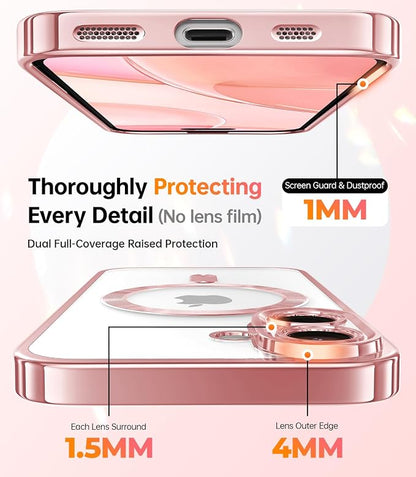 Meifigno Magnetic Case with Removable Phone Ring Stand for iPhone 16 Plus, [Glitter Card & Wrist Strap] [MagSafe Compatible] [Built in Mirror] Magnetic Phone Ring Holder + 16 Plus Case Kit, Rose Gold