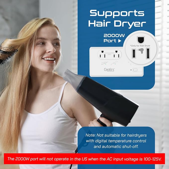 Ceptics 2000W Travel Voltage Converter for Hair Dryer & 200W Convert 220V to 110V for Curling Iron, Straightener, Chargers, Step Down World Power 4 USB Charging QC 3.0 SWadApt Type A, B, C, E/F, G, I