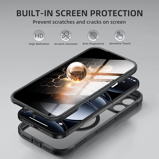 BERFY for iPhone 17 Pro Case, Compatible with MagSafe, Built-in Privacy Screen Protector, Camera Protection, Shockproof Full Body Phone Case 6.3", Clear Black
